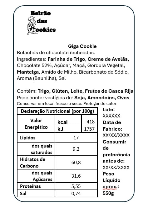 Valor nutricional bolacha gigante caseira